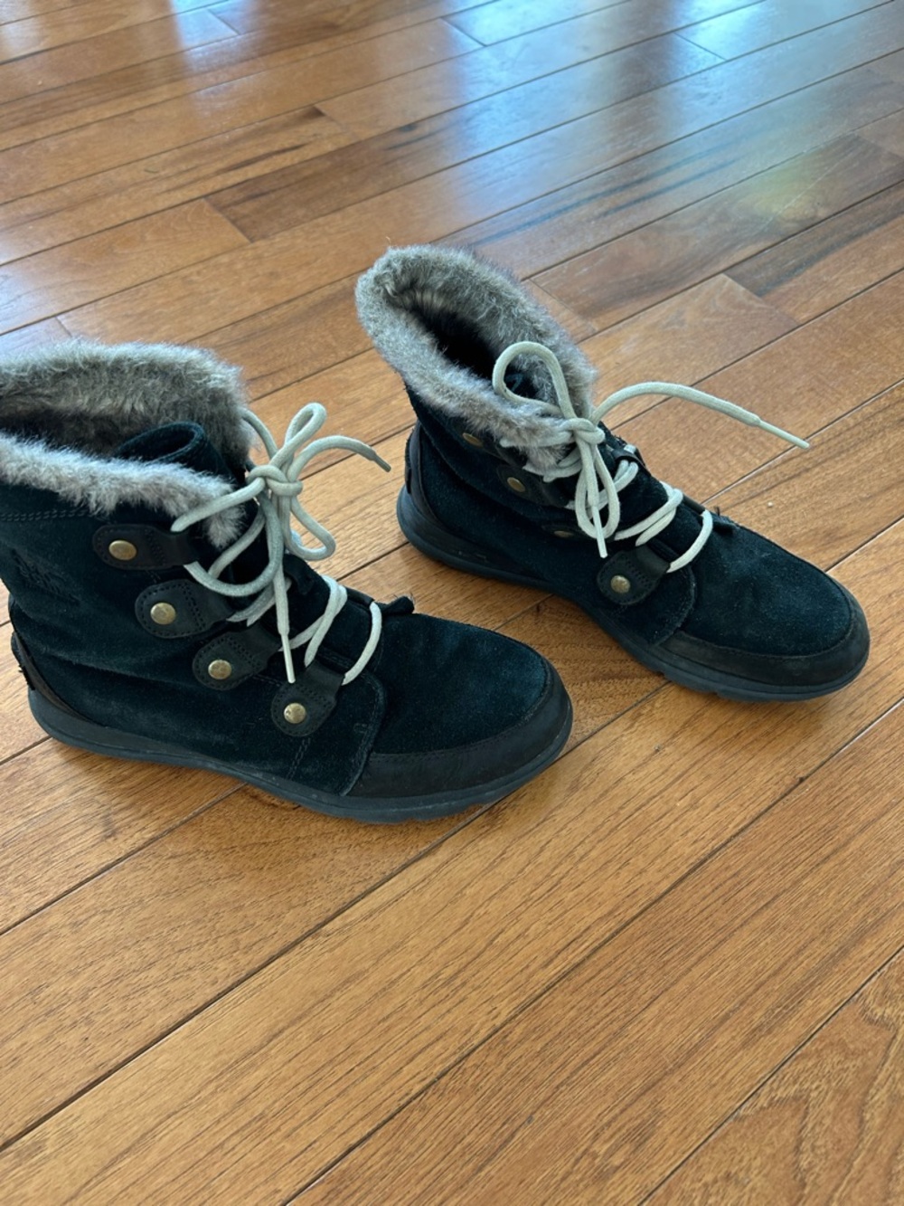 Sorel Black Suede Faux-Fur Trim Winter Ankle Boots